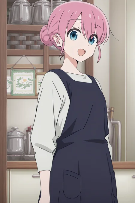 anime screencap, anime coloring, detailed face, masterpiece, best quality, very aesthetic, absurdres, volumetric lighting, official style, amazing quality, ultra detailed,  highres, amazing quality, scenery, beautiful detailed hair, beautiful detailed eyes, 
 <lora:StS-Illustrious-Detail-Slider-v1.0:4>
indoors, kitchen,
 <lora:Michiyo_Gotoh_Bocchi_the_Rock:1>
Michiyo Gotoh (character), 1girl, solo, pink hair, blue eyes,  hair bun, apron, shirt, smile, looking at the viewer, cowboy shot, open mouth, :D