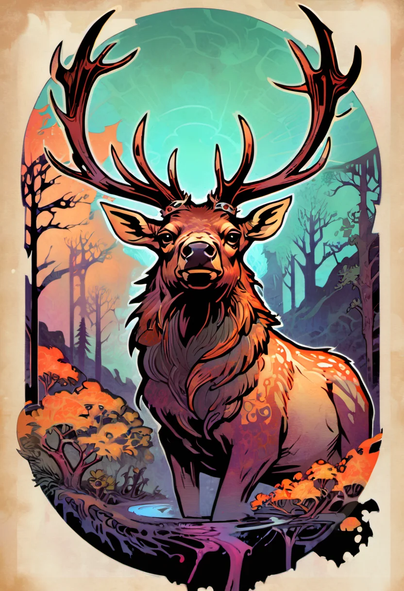 ccxl-mucha, art style, elk, Psychedelic art drdjns style, comic book artwork in dgst artstyle <lora:ccxl-mucha_lora_vA1:0.75> <lora:drdjns:0.75> <lora:SDXL1.0_Essenz-series-by-AI_Characters_Style_DarkestDungeonChrisBourassa-v1.1:0.95>