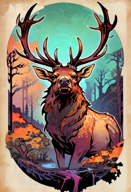 ccxl-mucha, art style, elk, Psychedelic art drdjns style, comic book artwork in dgst artstyle  <lora:ccxl-mucha_lora_vA1:0.75> <lora:drdjns:0.75>  <lora:SDXL1.0_Essenz-series-by-AI_Characters_Style_DarkestDungeonChrisBourassa-v1.1:0.95>