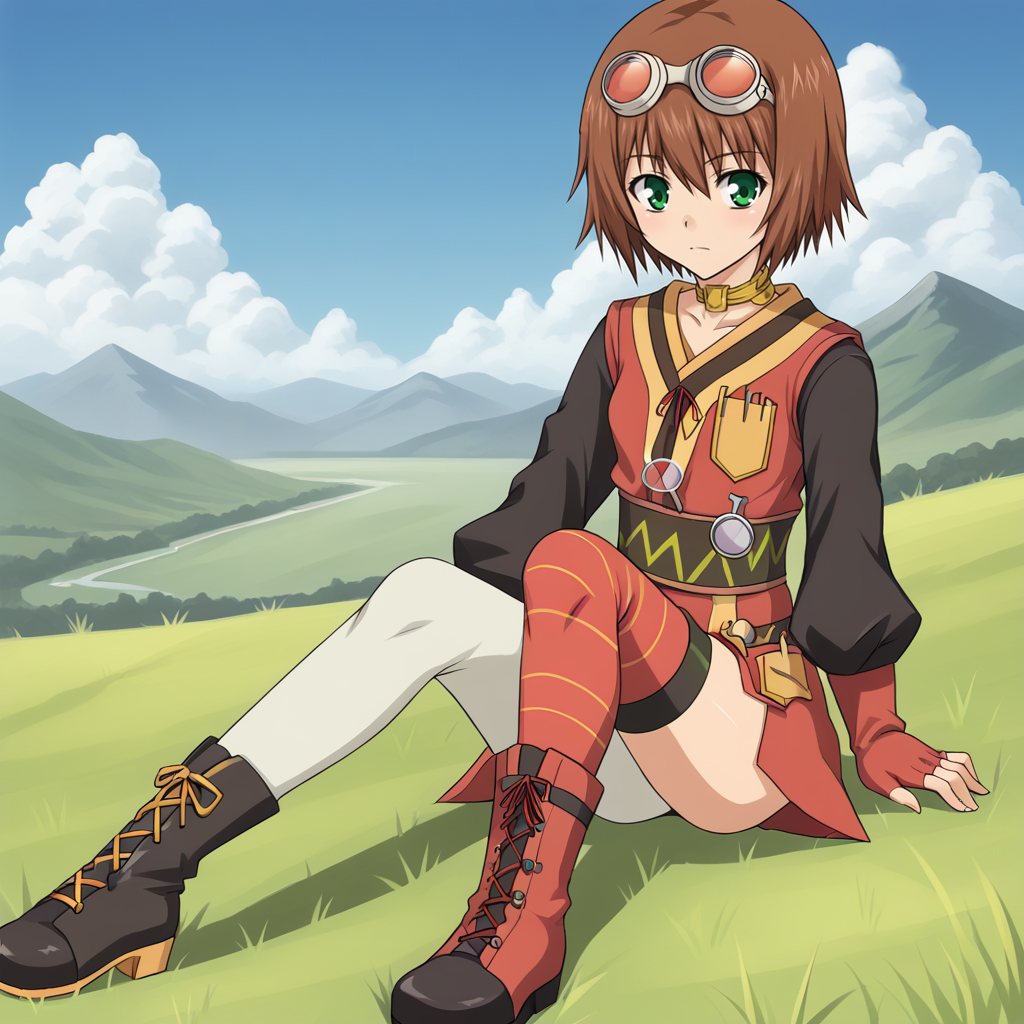 1girl, solo, R1tamord1o, brown hair, short hair, green eyes, sitting, outdoors, blue sky, cloudy sky, grass, scenery, summer, mountainous_horizon, <lora:Rita Mordio - Tales of Vesperia-000014:0.8>, choker, goggles on head, red dress, gloves, thighhighs, single leg pantyhose, asymmetrical clothes, asymmetrical legwear, mismatched footwear, asymmetrical footwear, boots, day,