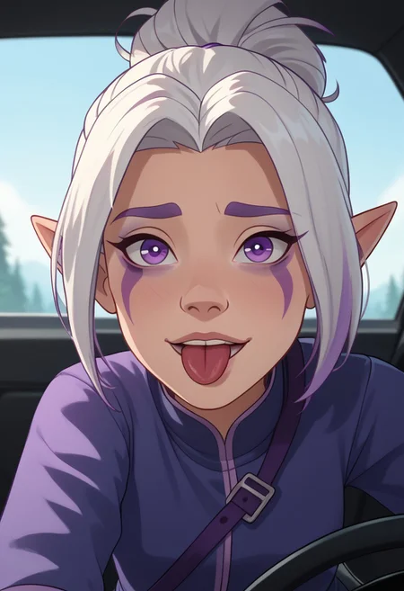 score_9, score_8, score_7, score_6,
triplevexx, solo, Rayla, moonelf, elf, purple marks under eyes, looking at viewer, leaning against car, white hair, sticking tongue out, purple eyes,