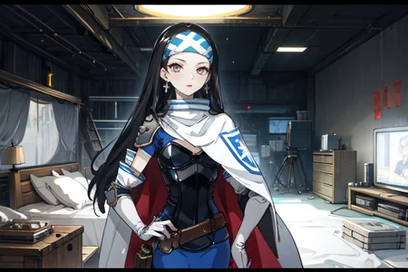 highly insanely detailed, masterpiece, top quality, best quality, highres, 4k, 8k, RAW photo, (very aesthetic, beautiful and aesthetic),  
beth_\(megami_tensei\),bethsmtii,shin megami tensei ii,long hair,black hair,straight hair,sleek black,jewelry,cross,headband,red_lipstick,Blue_dress,armored_corset,blue shirt,messian_cross_earrings,cross_earrings,religious_earrings,messian_symbol_jewelry,white cape,cape_with_messian_symbol,Religious_cape,messian_symbol_cape,holy_knight_cape,belt,belt pouch,Tokyo_Millennium,post-apocalyptic_city,dystopian_world,Factory_District,Industrial_zone,mining_site,Center_District,City_center,ruling_government,Millennium_News_Network,City_news,propaganda_broadcasts,information_contro,Great_Cataclysm,World_ending_event,apocalyptic_disaster,city_rebirt, 
<lora:zs_Beth:0.8>, 
(1girl:1.3), 1other, 
in dungeon,âââ