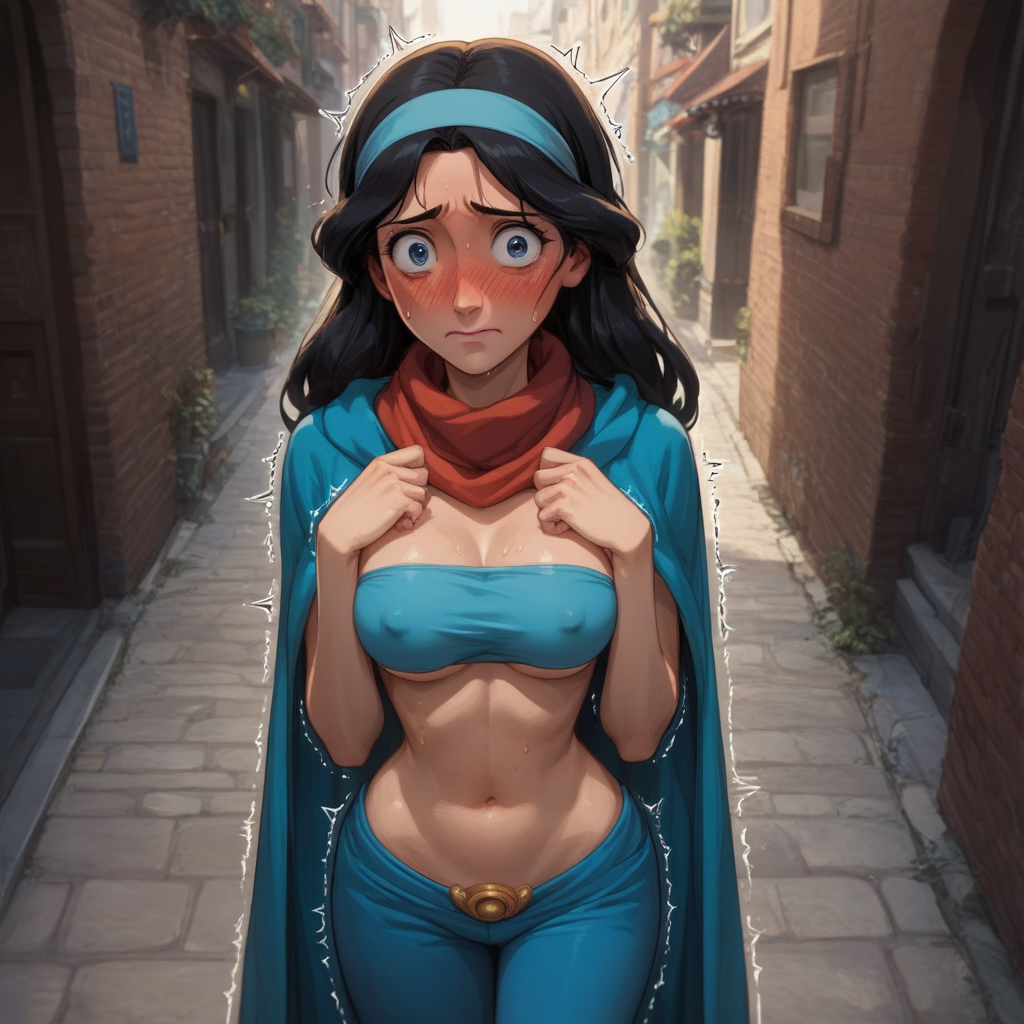 f1dg3tingXL, fidgeting, (cloak) source_anime,  artist style:Urushihara Satoshi, source_hentai, source_anime, 1woman, headband, jewelry, blue bandeau, blue harem pants, scarf, looking at viewer, facing viewer, masterpiece, , score_9, score_8_up, score_7_up, score_6_up, jasmine_(disney), BREAK, 1girl, solo, (Jasmine from Disney), black hair, dark-skined_female, covered_nipples, navel, long hair, perfect face, perfect eyes, sexy, sexy girl, seductive, beautiful eyes, petite body, wide hips, large breasts, posing, averting_eyes, looking_to_the_side, fidgeting, nervous, shy, trembling, motion_lines, sweat, blushing, playing_with_own_hair, dynamic angle, alleyway, middle-east, urban