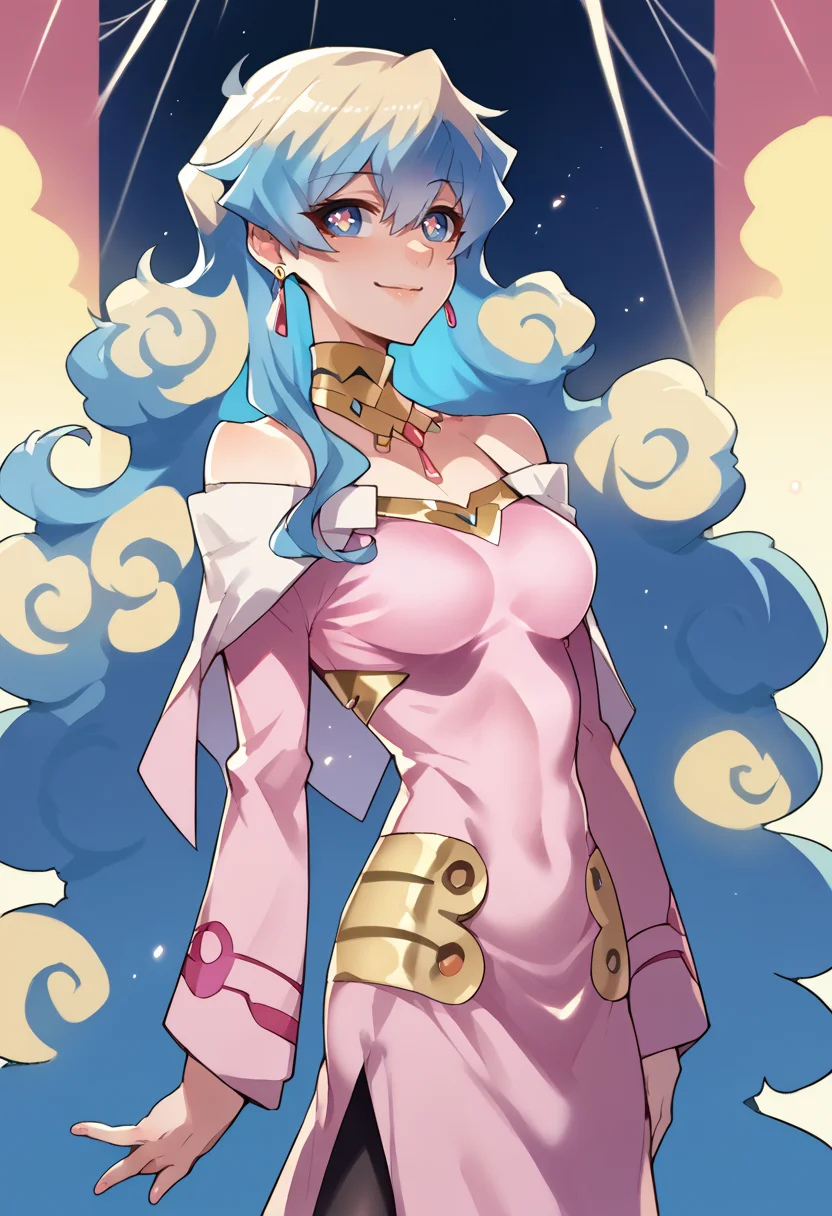 score_9, score_7_up, source_anime, BREAK smile, <lora:NiaS2-000009:1> nias2, 1girl, blue eyes,symbol-shaped pupils, very long hair, blonde hair, blue hair, two-tone hair, medium breasts, earrings, jewelry, pink dress, bare shoulders, long sleeves,
<lora:Ban!_(bansankan)_PonyXL_style_v01:1>