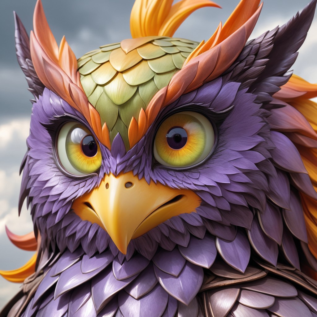 Shiny scaleboundsdxl,Up in the sky, cloudy,TweedleMSM, purple body, cover dark clouds scales, owl, ears, orange tips on head orange tips on butt, light yellow beak, light purple eyes, light green sclera, colored sclera, light yellow talons,solo,female1,happy, ( detail realistic), beautiful detail, high-quality, face close up,