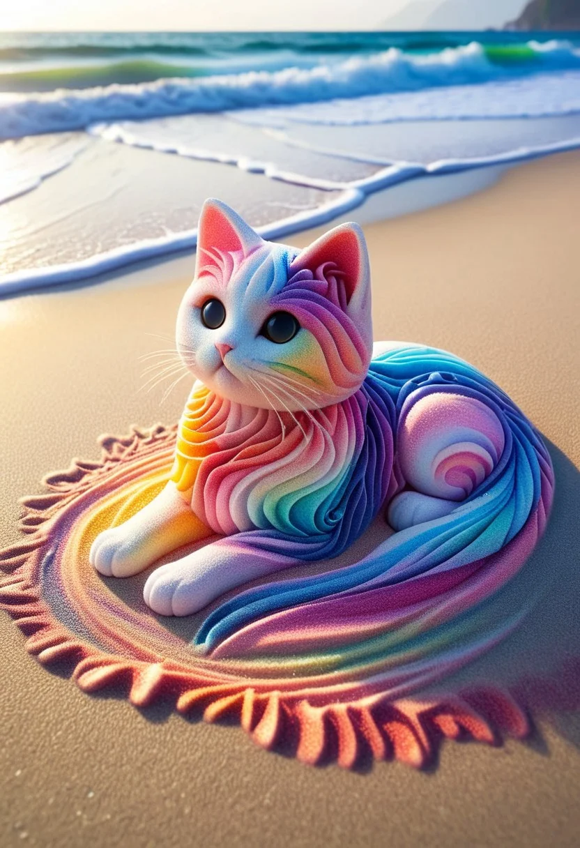 A cute chibi cat on a beach made out of vortexes of color and light.