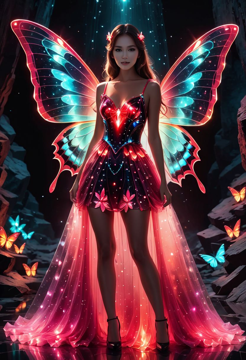 Ultra detailed photography masterpiece portrait, mysterious butterfly mixed ruby crystal, mineral fusion , natural pose, natural body details, glowing bioluminescence details, ore mine background environment, realistic reflection, mixed with dark elements, dark environment, very dark night, abstract, ultra detailed atmospheric details, beautiful glowing effects, realistic, complex masterpiece, enhanced vibrant glowing colors, ultra detailed raytracing reflections, Ultra detailed complex background, bioluminescent dress