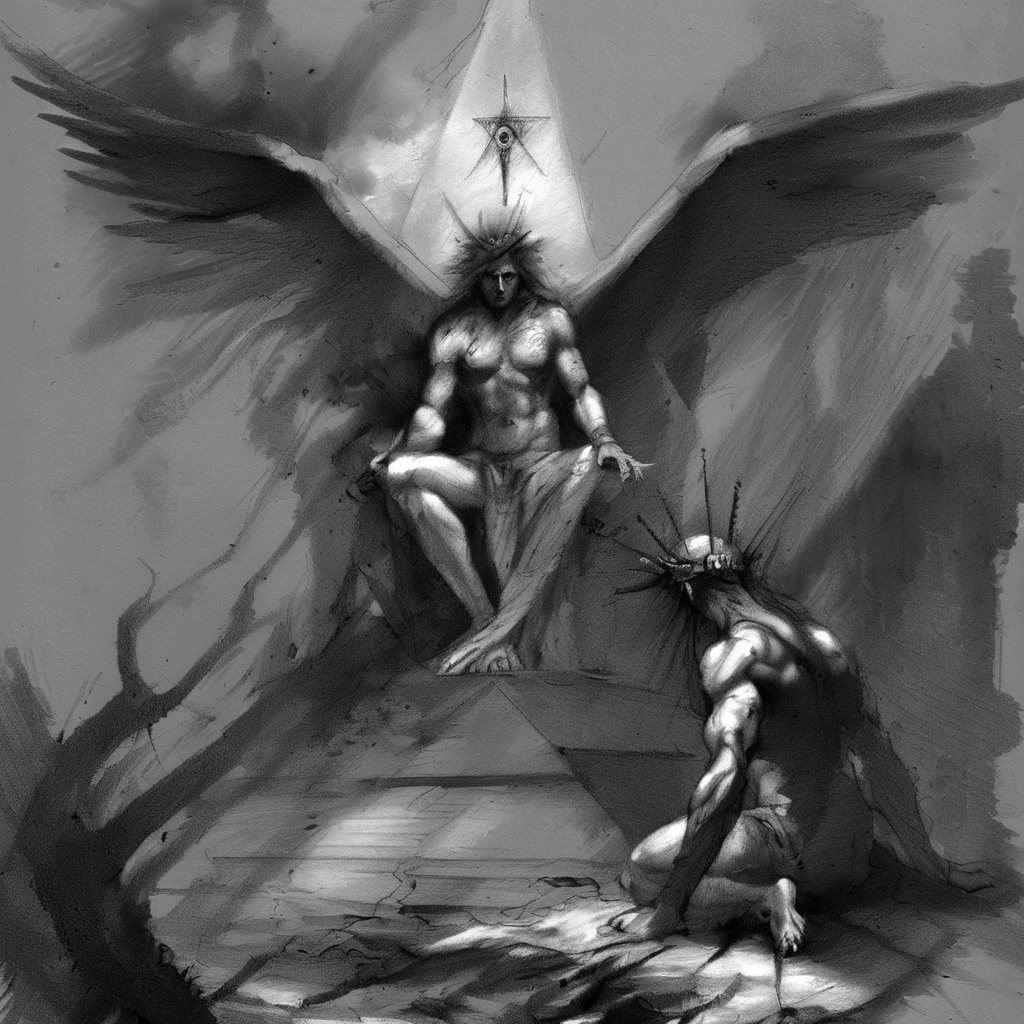 drawix8 fallen angel kneeling before god, dark clouds and eye of providence, very detailed, dark, masterpiece, unusual expressive shot <lora:drawix8:1>