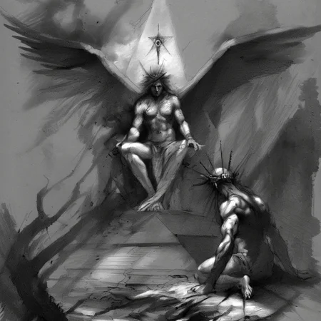 drawix8 fallen angel kneeling before god, dark clouds and eye of providence, very detailed, dark, masterpiece, unusual expressive shot <lora:drawix8:1>
