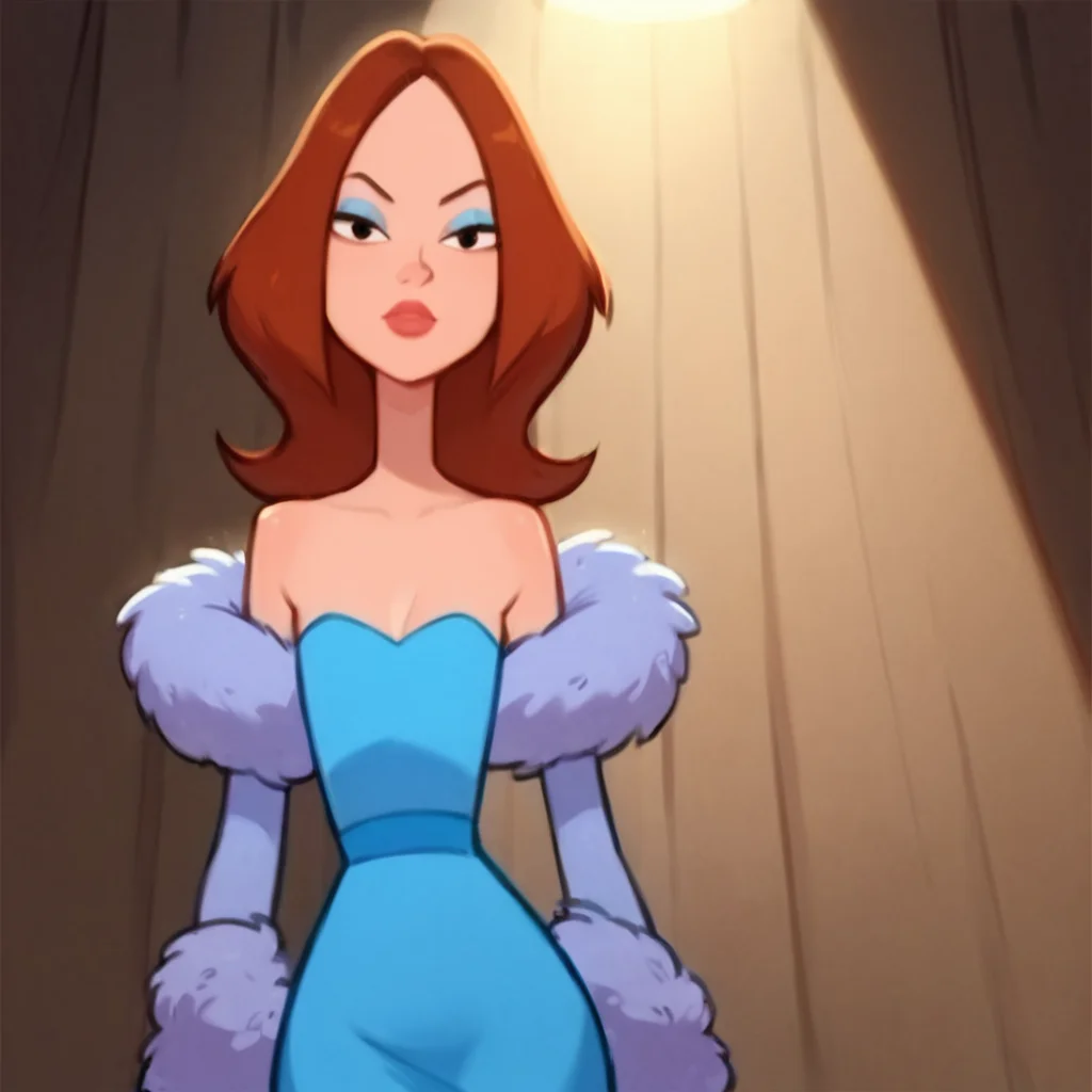score_9, score_8_up, score_7_up, 1girl, brown hair, medium hair, makeup, narrow waist, wide hips, flat chest, looking at viewer, dress, feather boa, stage, spotlight, high quality, highres, masterpiece, <lora:Ashley_Q.:1>