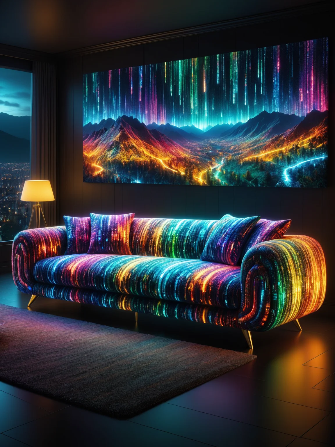 glowing colorful mad-mtrx sofa in a dark living room, photo of a landscape on the wall, night, dynamic pose <lora:Colorful_Matrix_SDXL:0.6>, (masterpiece:1.2), best quality, (hyperdetailed, highest detailed:1.2), high resolution textures
