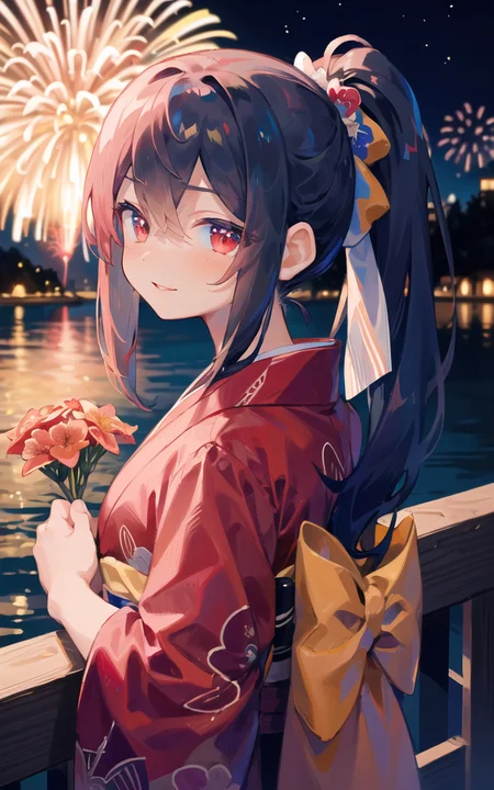 masterpiece,best quality,
1girl,black hair, long hair,ponytail, nape,red eyes, light smile, looking at viewer,holding bouquet, lily \(flower\),
red kimono,
(fireworks),(aerial fireworks),firework background,(night),shrine,lake, light reflection \(water\),
<lora:uenomigi-loha-000003:1>