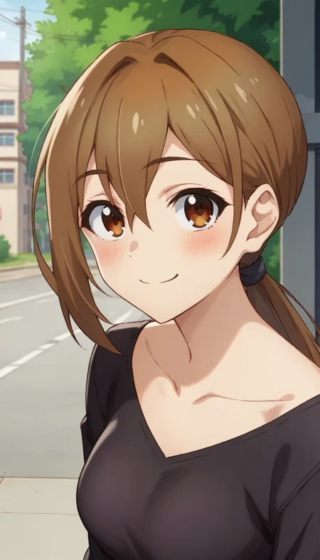 score_9,score_8_up,score_7_up,score_6_up BREAK official art,solo,outdoors,upper body,(portrait:1.5),looking at viewer,facing viewer,smile,blush,Ukai sensei,brown hair,long hair,low ponytail,sidelocks,hair between eyes,bangs,brown eyes,collarbone,black shirt,long sleeves,medium breasts,white pants,high heels,white footwear,<lora:Ukai sensei(snk)-Pony:1.3>,