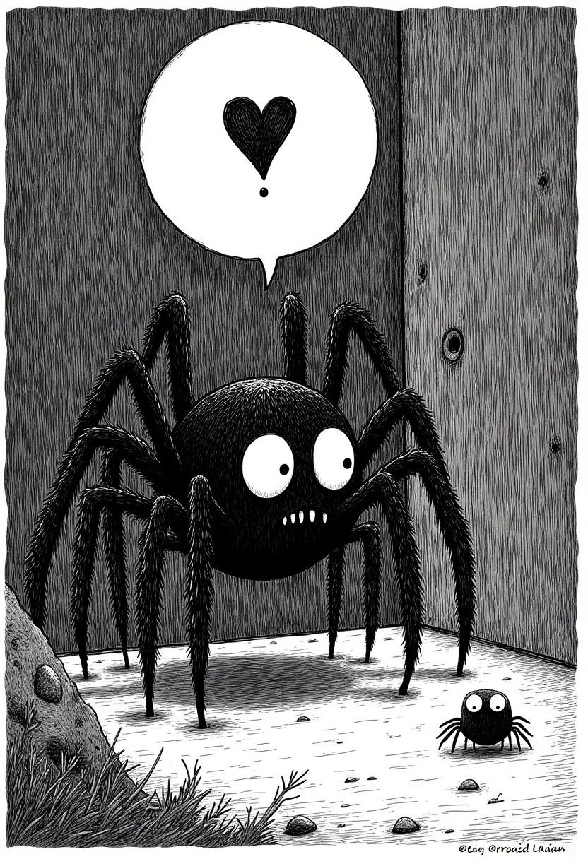 darkdreary, illustration featuring a large spider with a speech bubble with a heart sign and a question mark, and a small spider leaning back cautiously while looking with big googly eyes