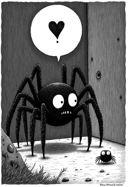 darkdreary, illustration featuring a large spider with a speech bubble with a heart sign and a question mark, and a small spider leaning back cautiously while looking with big googly eyes