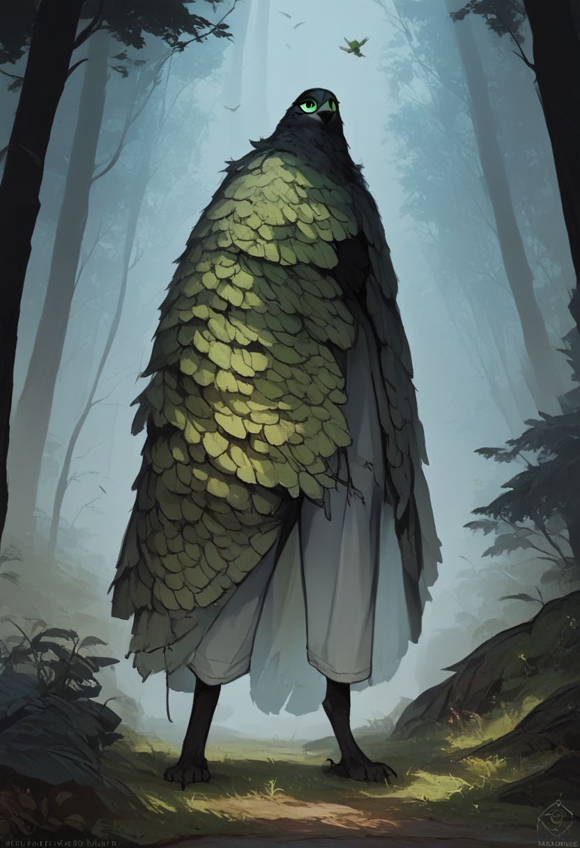 score_9, score_8_up, source_anime, furry green bird, a woman completely covered with foliage, trees, grass,