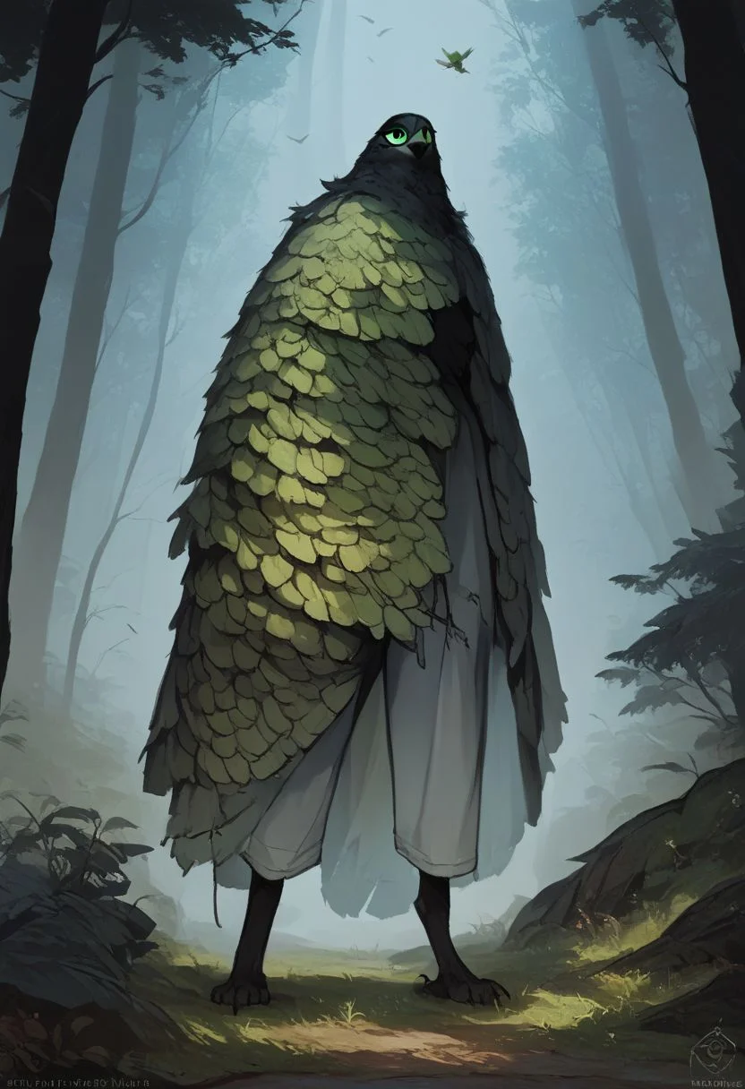 score_9, score_8_up, source_anime, furry green bird, a woman completely covered with foliage, trees, grass,