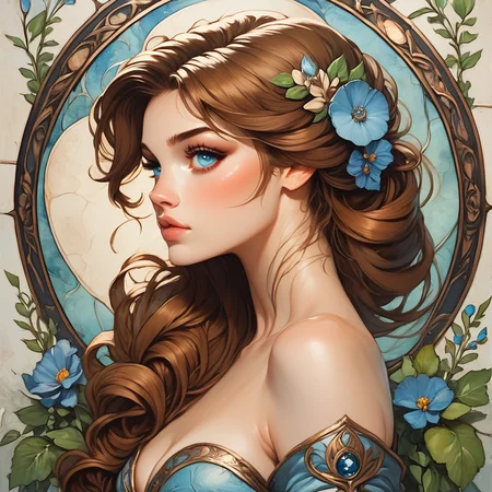 Score_9, score_8_up, score_7_up, score_6_up, BREAK <lora:ArtNouveau2Pony:1> ArsMJStyle, art nouveau,, The image shows a painting of a woman with long hair and a flower in her hair surrounded by leaves and flowers in a circular frame., 1girl, solo, flower, blue eyes, long hair, hair ornament, hair flower, brown hair, breasts, bare shoulders