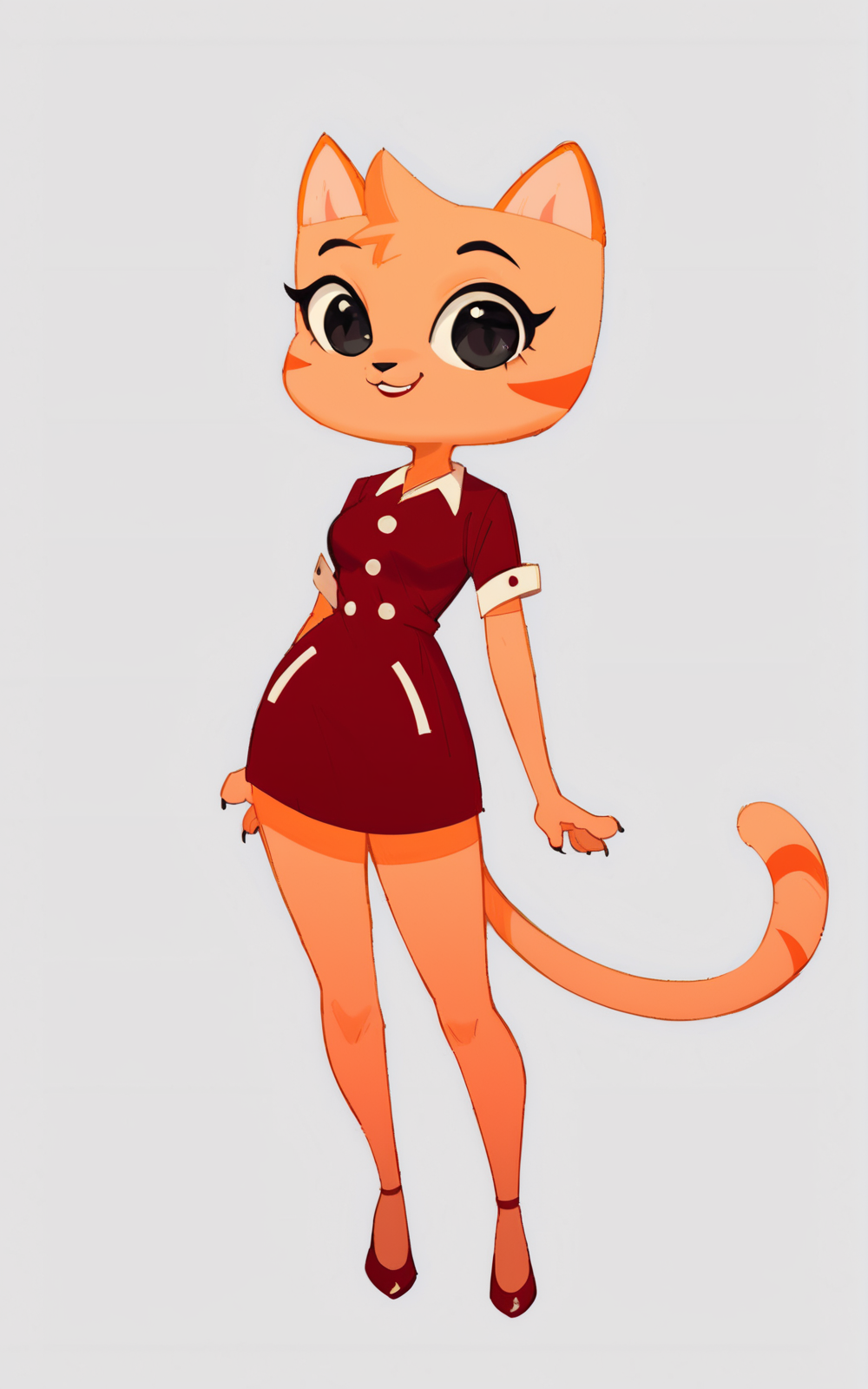 score_9, score_8_up, score_7_up,((best quality)), absurdres,((full body)),  <lora:3d-2d:0.8>,  <lora:NimfaHKPXL:0.8>,NimfaHKPXL,animal ears,cat tail, furry female, furry,cat ears, short sleeves, cat girl, black eyes, dress, red footwear, red dress,white background, buttons, short dress,smile