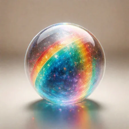 ral-czmcrnbw, a rainbow marble ball on a glass table,