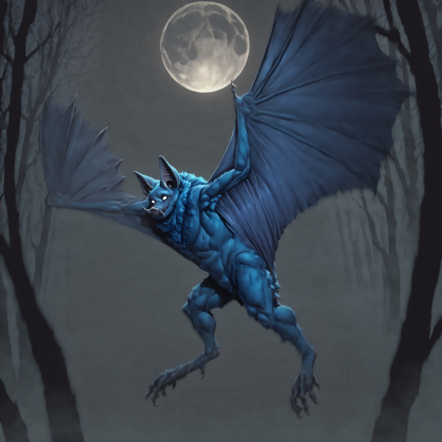 Full body, from side, side view, Solo, Monster, Batsquatch, Bat, winged arms, body fur, in the air, flying, motion blur, action shot, movement, blue fur, white eyes,no pupils, full moon, dark forest, fog,