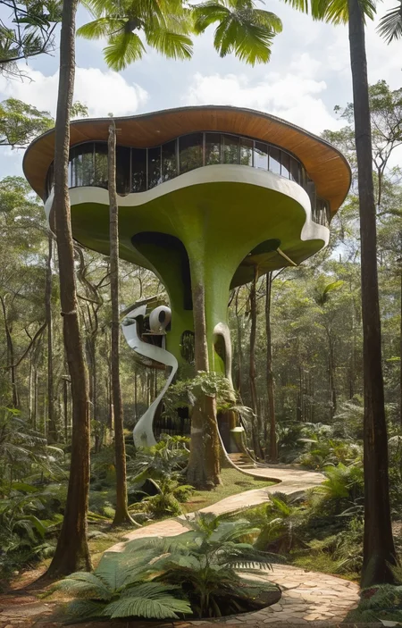 masterpiece,best quality,<lora:tbh313-sdxl:0.75>,illustration,designed by Oscar Niemeyer, Whimsical treehouse complex in a lush forest, channeling the spirit of Antoni Gaudí
