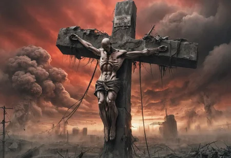 high quality, dlsr, apocalyptic world , with red sky and clouds, crucifix nuclear blast, windy, dvr-lnds-sdxl, anime, cyberpunk, giant decayed human hanging
