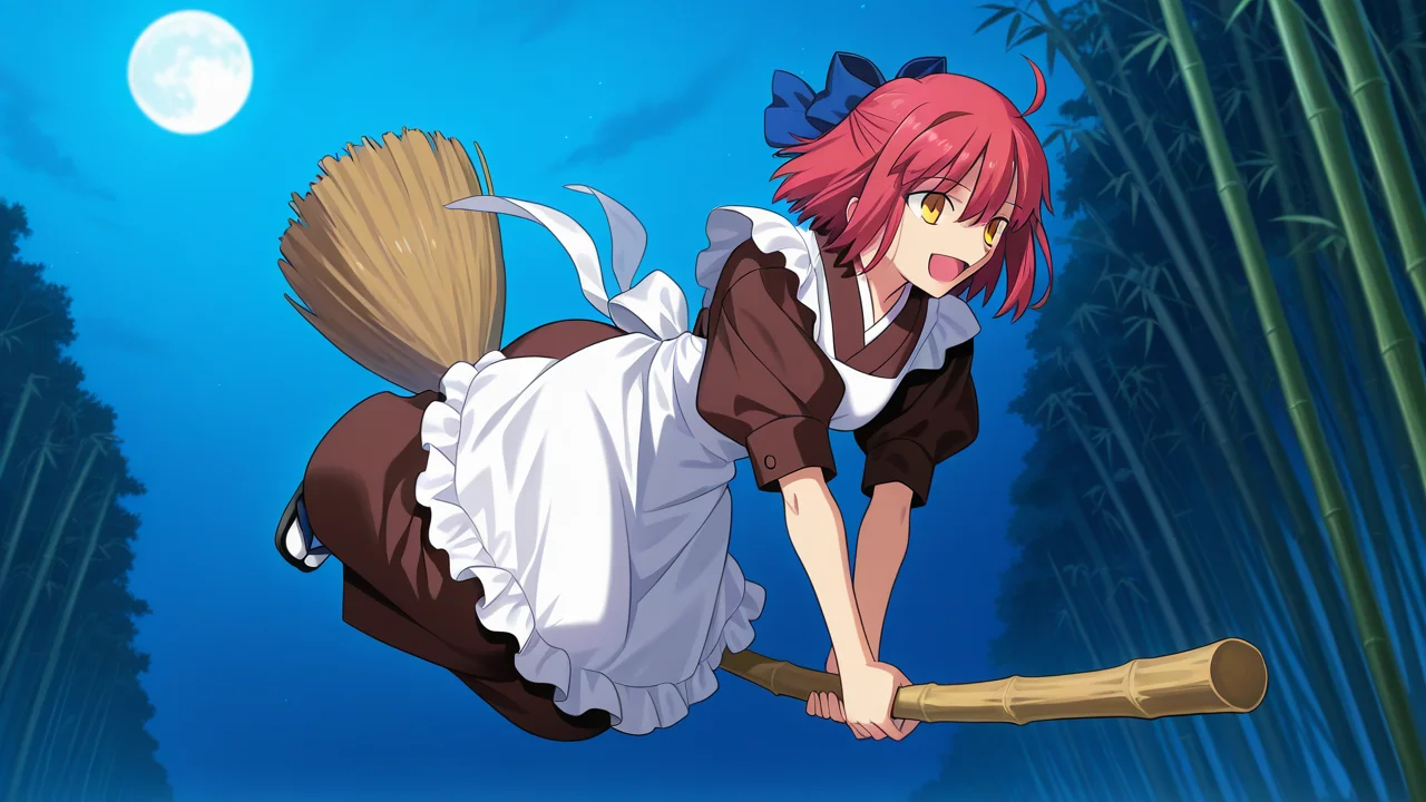 smile, ourdoors, night, open mouth, bamboo forest, flying, full body, dynamic pose,, masterpiece, best quality, amazing quality, very aesthetic, absurdres, newest, anime screencap, <lora:kohakuILM:1>, kohaku (tsukihime), takeuchi takashi, yellow eyes, red hair, hair ribbon, blue ribbon, hair between eyes, short hair, sidelocks, bob cut, maid, maid apron, apron, white apron, kimono, brown kimono, japanese clothes, wa maid, puffy short sleeves, broom, bamboo broom, broom riding,