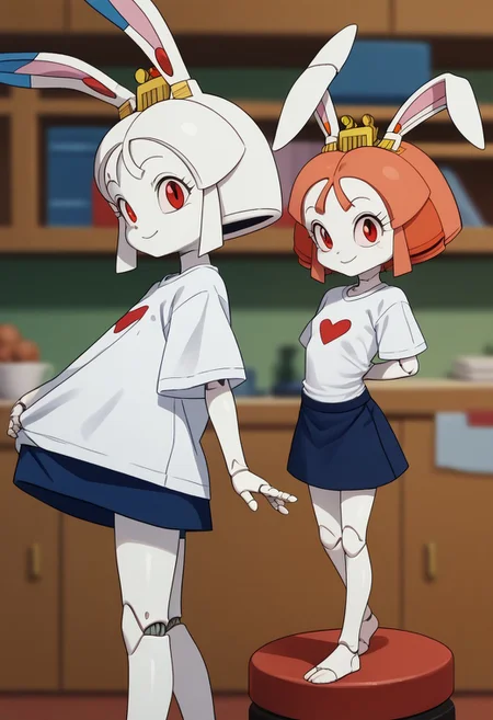 1girl, solo, (Tokugawa Usako, rabbit girl, white skin, ((android)), doll joints, petite, skinny:1.3), score_9, score_8_up, score_7_up, score_6_up, score_5_up, score_4_up, chibi, short legs, rabbit tall, slightly smil, small breasts, thin waist, smile, red eyes, blurry background, out of focus, Expressiveh, looks at the viewer, pajchall, multiple views, t-shirt, arms behind back, 3/4 side view
