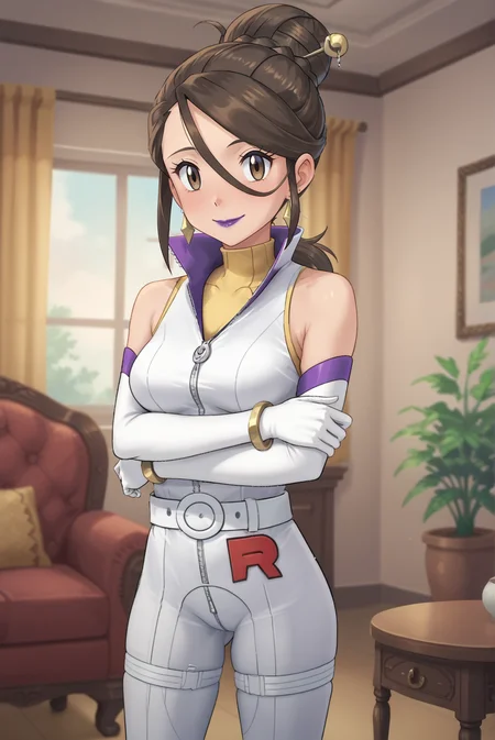 score_9, score_8_up, score_7_up, score_6_up, score_5_up, score_4_up, BREAK, 1girl, solo,
<lora:SierraXL-v1-07:0.7>, ChopioSierra, brown hair, single hair bun, hair stick, brown eyes, purple lipstick, earrings, looking at viewer,
medium breasts,
outfit_1, white bodysuit, high collar, zipper, yellow undershirt, elbow gloves, white belt, bracelet, thigh strap,
living room, standing, smile, crossed arms, arms under breasts,
<lora:Style_Pokemon1:0.8>, pks, pokemon, pokemon \(anime\), pokemon \(classic anime\), anime screencap,