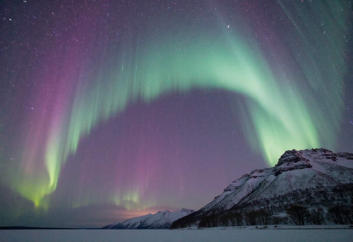 The Aurora Borealis, also known as the Northern Lights, is a mesmerizing natural wonder that illuminates the night sky in a symphony of colors. A dynamic dance of green, blue, and pink hues, it creates an ethereal atmosphere that takes one's breath away. Swirling and shimmering like an otherworldly veil, this celestial spectacle seems to pulse and undulate, as if guided by some mystical force. It is a sight so captivating that one could stand in awe for hours on end, lost in its transcendent beauty. The Aurora Borealis is truly a masterpiece of nature, an enchanting spectacle that leaves all who witness it in wonder and amazement.