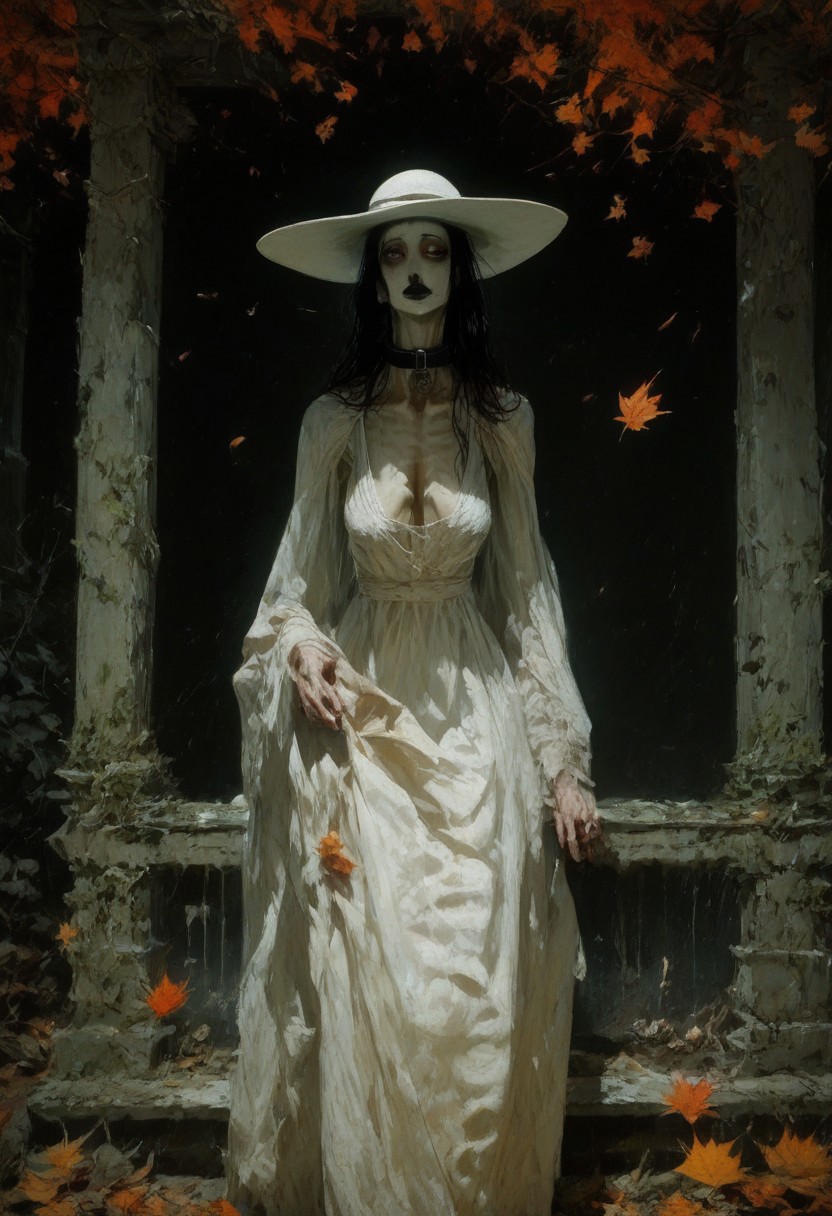 score_9, score_up_8, masterpiece, best quality, explicit, 
hasshaku-sama, mature woman, large woman, tall woman, sagging breast, enormous breast, long hair, black hair, horror (theme), collar bone, bony body, skinny, anorexic, fall season, trees, red yellow and orange leaves, falling leaves, night, garden, Expressiveh, black lips, white dress