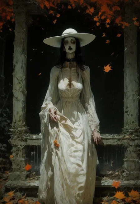 score_9, score_up_8, masterpiece, best quality, explicit, 
hasshaku-sama, mature woman, large woman, tall woman, sagging breast, enormous breast, long hair, black hair, horror (theme), collar bone, bony body, skinny, anorexic, fall season, trees, red yellow and orange leaves, falling leaves, night, garden, Expressiveh, black lips, white dress