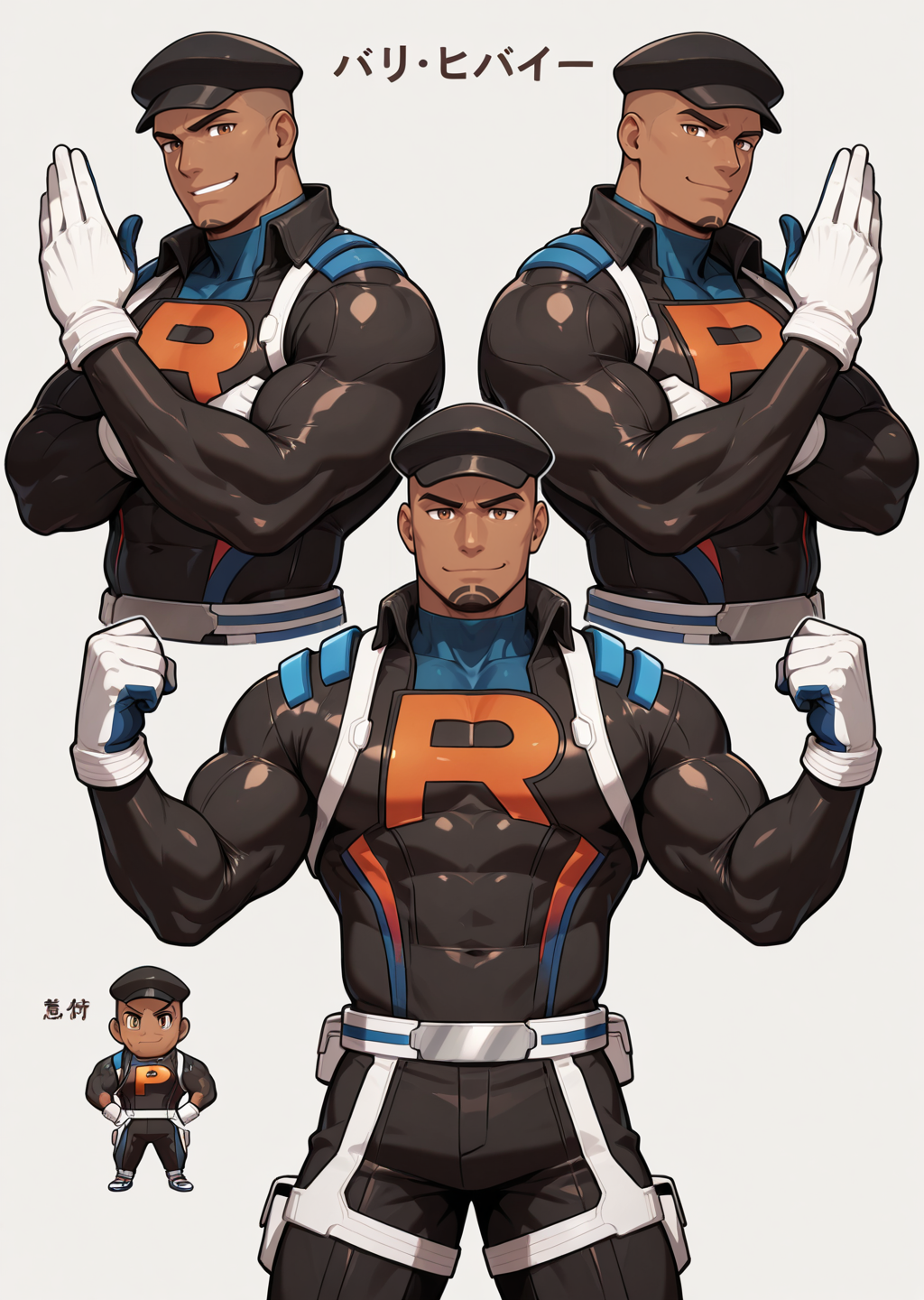 <lora:Cliff_IL:0.95> cliffpokemon, black bodysuit, white gloves, long pants, dark skin, muscular, bara, cowboy shot, brown eyes, pose, smirk, black headwear, looking at viewer, (((character design, multiple pose, multiple facial expression, japanese text))), simple background, masterpiece, best quality