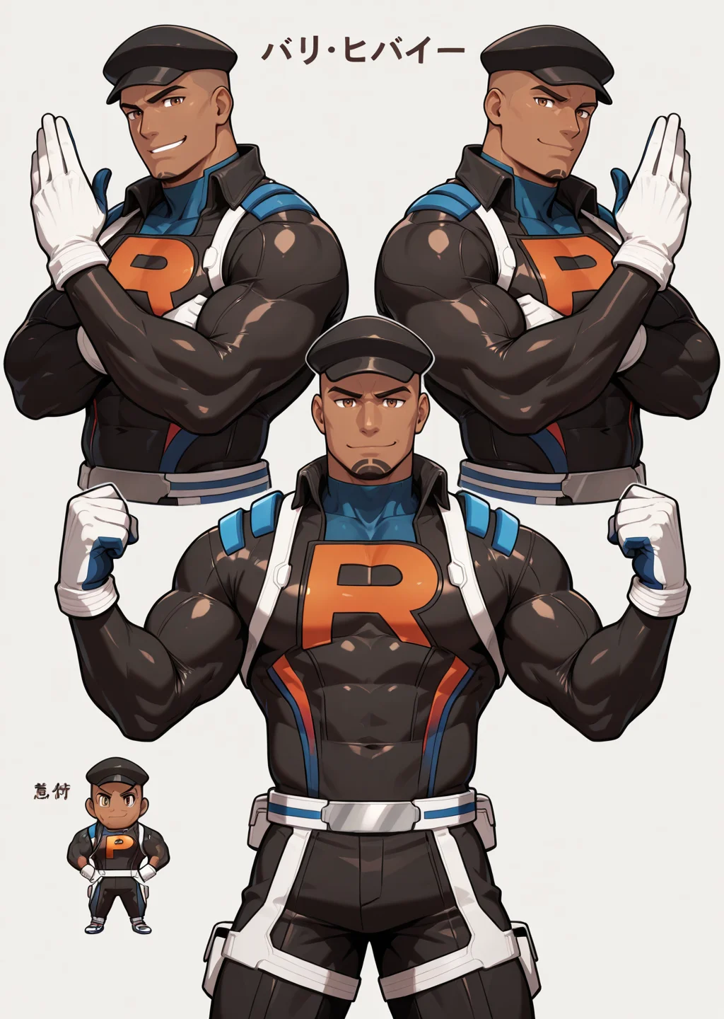 <lora:Cliff_IL:0.95> cliffpokemon, black bodysuit, white gloves, long pants, dark skin, muscular, bara, cowboy shot, brown eyes, pose, smirk, black headwear, looking at viewer, (((character design, multiple pose, multiple facial expression, japanese text))), simple background, masterpiece, best quality