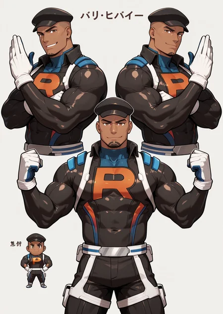 <lora:Cliff_IL:0.95> cliffpokemon, black bodysuit, white gloves, long pants, dark skin, muscular, bara, cowboy shot, brown eyes, pose, smirk, black headwear, looking at viewer, (((character design, multiple pose, multiple facial expression, japanese text))), simple background, masterpiece, best quality