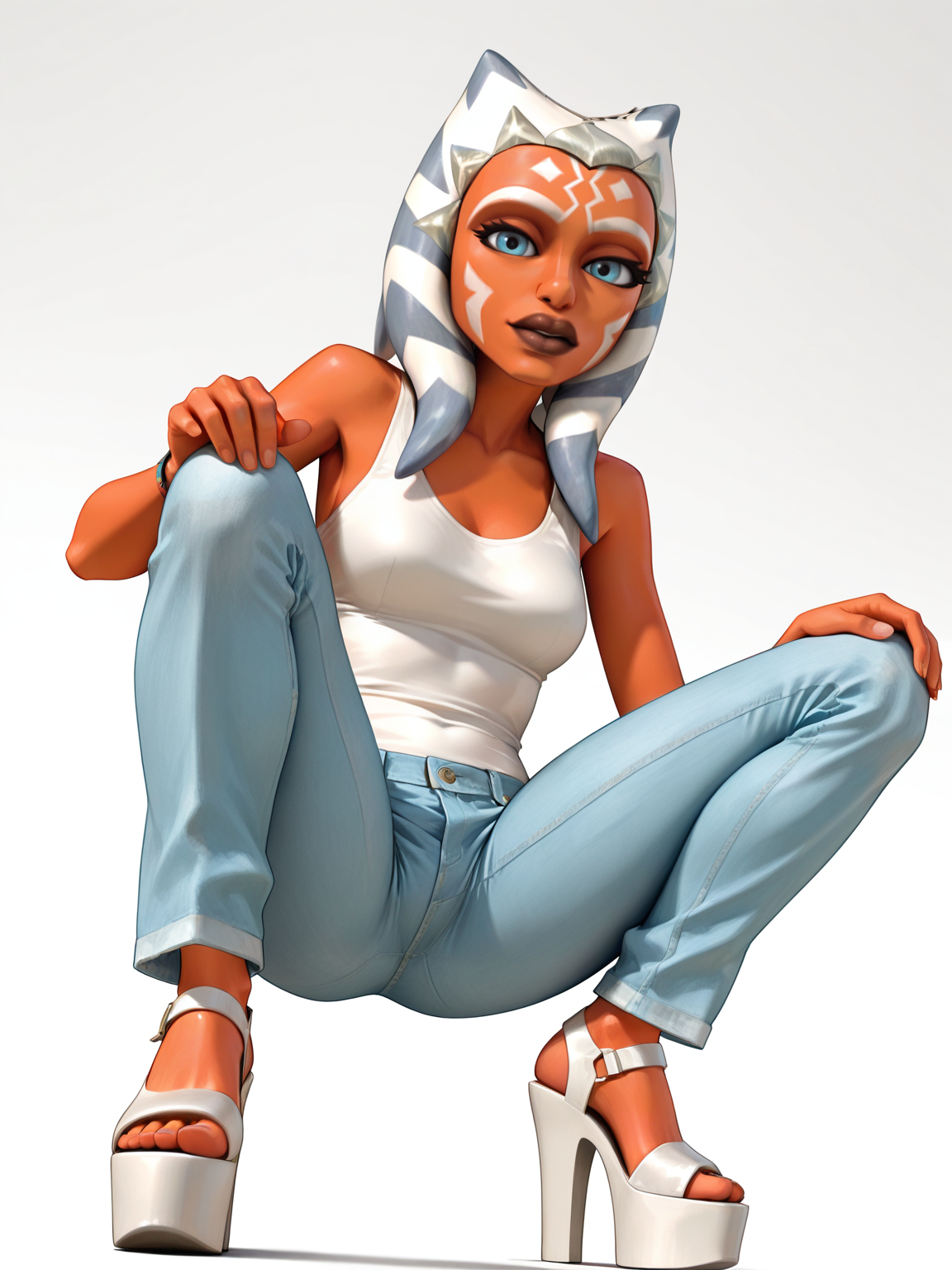<lora:Asoka_TanoIL:0.9> a_t, 1girl, orange skin, white and blue hair, tentacle hair, blue eyes, tattoo on face, dark lips,
looking at viewer, squatting, front view, spreading legs, platform high heels, jeans