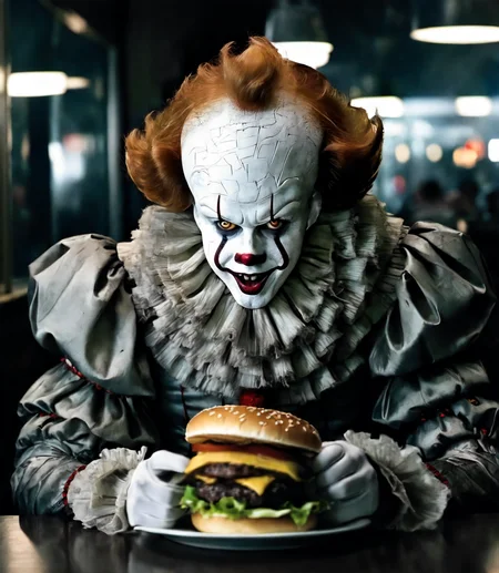 close up portrait of pennywise a creepy clown walking in a forest holding red balloons, dark ambient cinematic <lora:Pennywise:0.7> graveyard, hyper-realistic, photographic portrait, bokeh at night