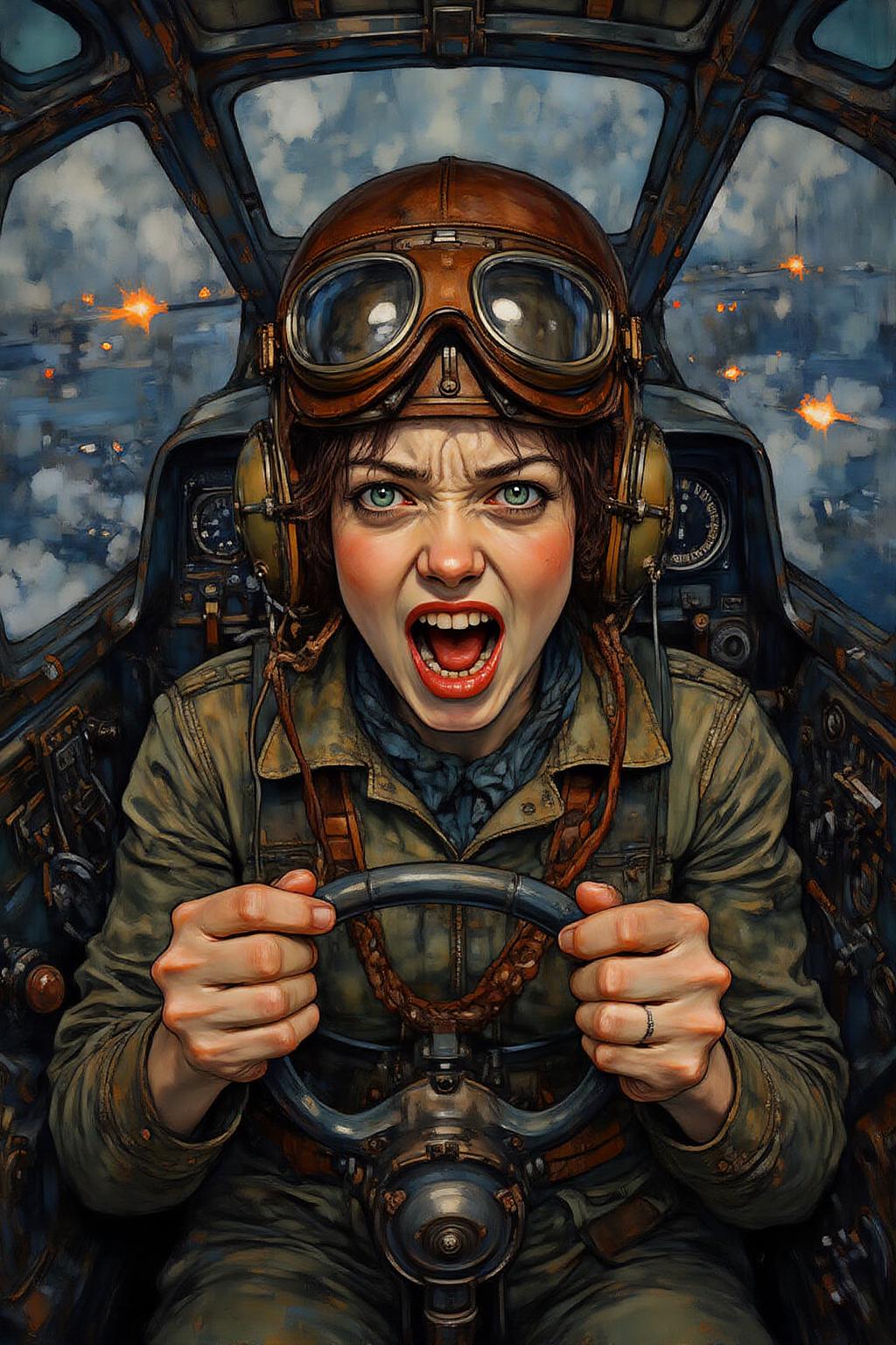 kaoruyamada1 painting.
 A female pilot screaming inside the cockpit of a World War II bomber. The pilot, wearing a vintage leather flight helmet with goggles and a bomber jacket, grips the controls with white-knuckled hands. Her face is contorted in a mix of fear and determination as she yells, her eyes wide with adrenaline. The cockpit is cramped and filled with old-fashioned dials and gauges, with the outside view showing dark stormy clouds and distant anti-aircraft fire.  <lora:kaoruyamada1_f16e9:1.0><lora:868880805970076521:0>
