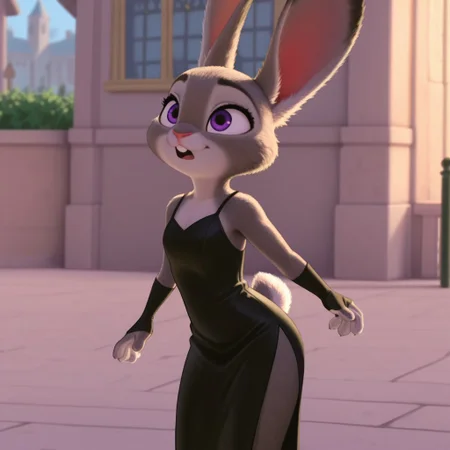 masterpiece, best quality, amazing quality, hoppsJudyztIL, anthro, female, bunny, grey fur, purple eyes, rabbit ears, rabbit tail, rabbit girl, buck teeth, outside, black dress, side slit