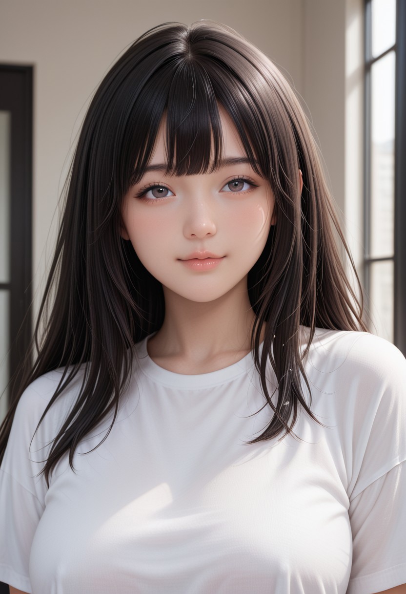 miyam0to_mad0ka, black hair, medium shot, big loose t-shirt, (huge breasts:0.9), cute face, (small upperlip:1.4), (very thin lips:1.4), (very small mouth), small jaw, small chin,  (round face:0.7), japanese idol, (pale skin:0.8), bangs, japanese makeup, innocent eyes, open eyes, v, wink, realism, highly detailed, lifelike, cinematic lighting, absurdres, (masterpiece, best quality, ultra-detailed, realistic, photorealistic), depth of field, photorealistic details, BREAK soft shadows, rich textures