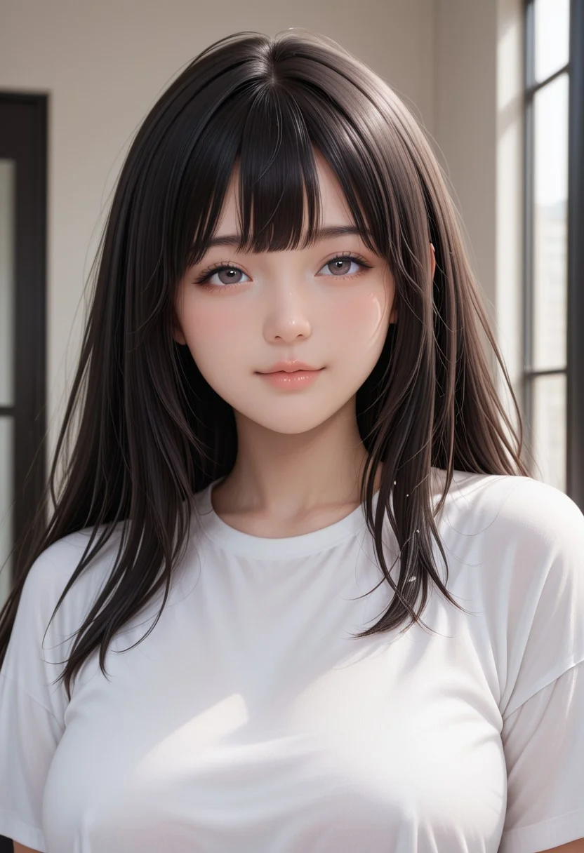 miyam0to_mad0ka, black hair, medium shot, big loose t-shirt, (huge breasts:0.9), cute face, (small upperlip:1.4), (very thin lips:1.4), (very small mouth), small jaw, small chin, (round face:0.7), japanese idol, (pale skin:0.8), bangs, japanese makeup, innocent eyes, open eyes, v, wink, realism, highly detailed, lifelike, cinematic lighting, absurdres, (masterpiece, best quality, ultra-detailed, realistic, photorealistic), depth of field, photorealistic details, BREAK soft shadows, rich textures