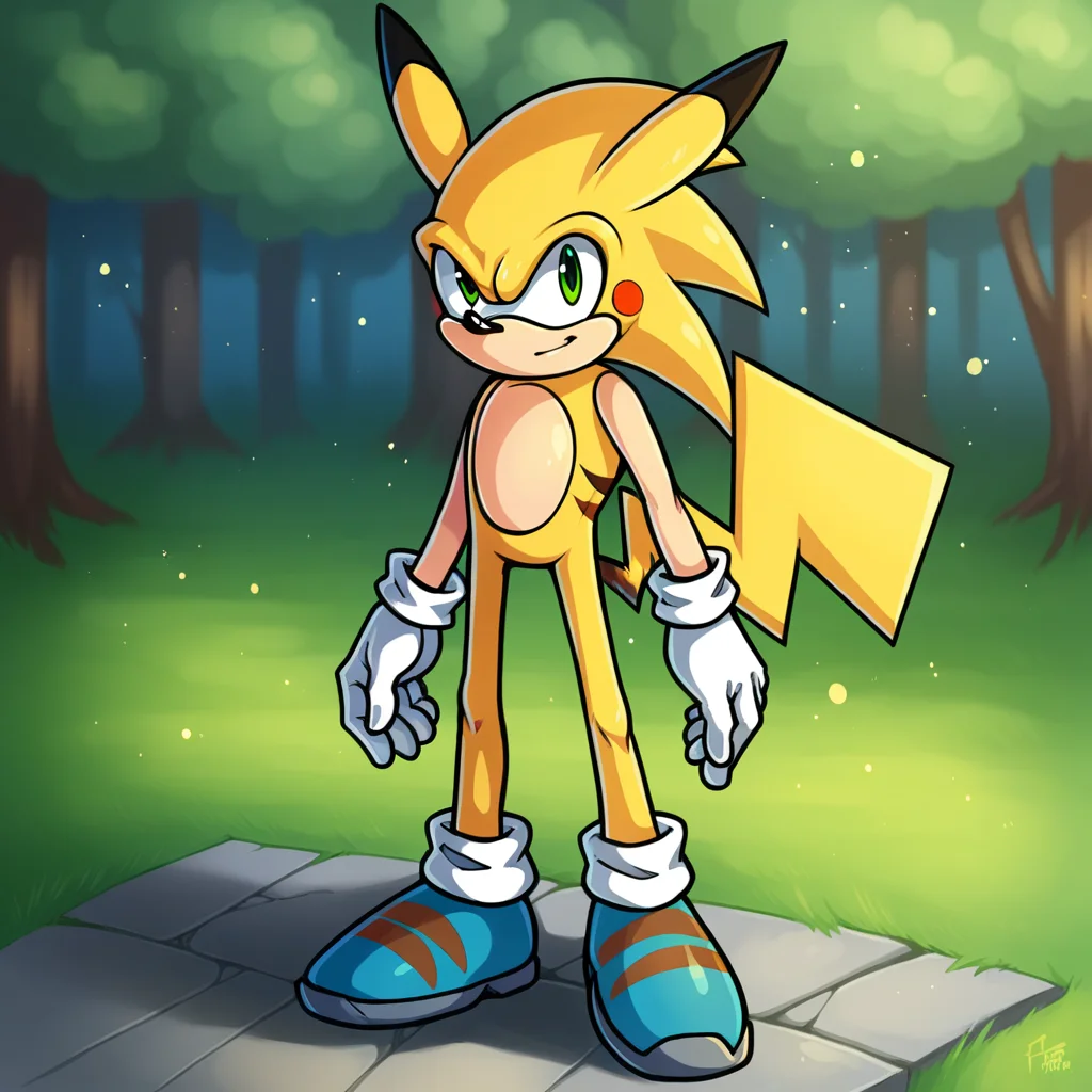 score_9_up, score_8_up, BREAK, source_furry, Sonichu, 1boy, solo, furry, yellow fur, green eyes, tail, white gloves, blue footwear, light particles, <lora:Sonichu_PXL_Leaf1:1>, looking at viewer, depth of field, outdoors, forest,