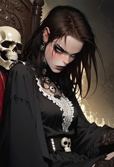 score_9, score_8_up, score_7_up, g0th1cxl ,bone white skin, black goth makeup, smeared makeup, sinozick style, Expressive, source_comic, extremely attractive woman sitting on a throne of skulls, brunette , horny, large perky breasts, black frilly blouse, skull belt, frilly black miniskirt, black fighter stockings, indentation , dynamic sexy pose, gothic background, bad photo composition, accidental photo, poorly framed, out of focus , 
BREAK 
dramatic angle, unique perspective, unique angle,