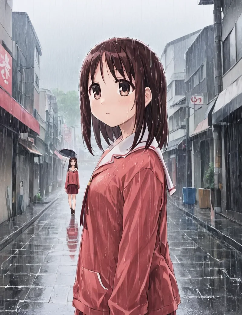 masterpiece, best quality, 1 girl, kasuga ayumu, serafuku, rain, street, cowboy shot, <lora:Kasuga_Ayumu_Osaka_SDXL_XL_Azumanga_Daioh_Epoch10:1>