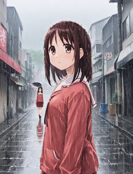 masterpiece, best quality, 1 girl, kasuga ayumu, serafuku, rain, street, cowboy shot, <lora:Kasuga_Ayumu_Osaka_SDXL_XL_Azumanga_Daioh_Epoch10:1>