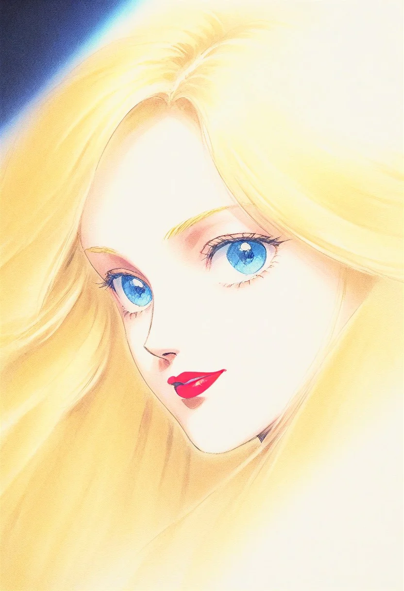 EnD_1980s_Style, 1980s (style), 1girl, blonde hair, blue eyes, lips, lipstick, long hair, looking at viewer, makeup, red lips, retro artstyle, smile, solo, traditional media,cinematic angle, cinematic lighting, best quality, official art, masterpiece