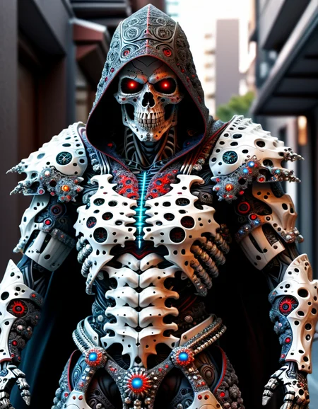 (masterpiece:1.2), best quality, high resolution, perfect lighting, extremely detailed, (Terminator assasin), battle scared white and black carbon armor, Wearing a dark cloak with hood, skull face just visable under hood, full_armor, humanoid, Metal Human skull head, (extreme detailed micro mechcanical scary Metal human skull design). Samurai sword shinning silver, Runes decorative embossments over his cloak, slim muscular body fast agile and stealthy, background a dark back street with subtle lighting and shadows, at night, facing viewer, solo <lora:ral-mndlbrt:1> ral-mndlbrt