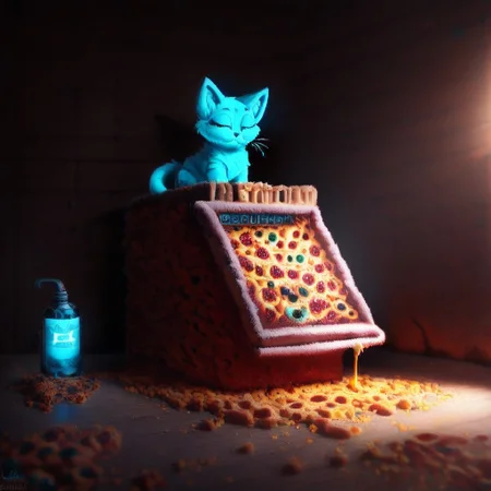 candy kitty, top down full body view, neon blue glow, ((cute adorable and fluffy cat sleeping ontop of a pizza what rests ontop of a pizza box)), futuristic robot cat, fluffy wild kitty cat, NightScapes, pizza, neko, cat, feline, cheese strings, juicy, perfectly baked pizza, juicy pepperony pizza, cozy atmosphere, creative light overlay, 4k, masterpiece, (masterpiece), best quality, (4K), (cinematic lighting), highly detailed, 8K, UHD, ultra detailed, immersive picture, vivid colors, volumetric light, cinematic light, extremely detailed CG, clutter, thrash, cluttered shed, boxes labeled 'stuff', tangled cables, tools, batteries, charger, 18650 randomness, various objects, wall painting, low key, spot lighting, BREAK glass jars, liquid, glass, glass bottle, red liquid, backlit, sleeping neko cat,