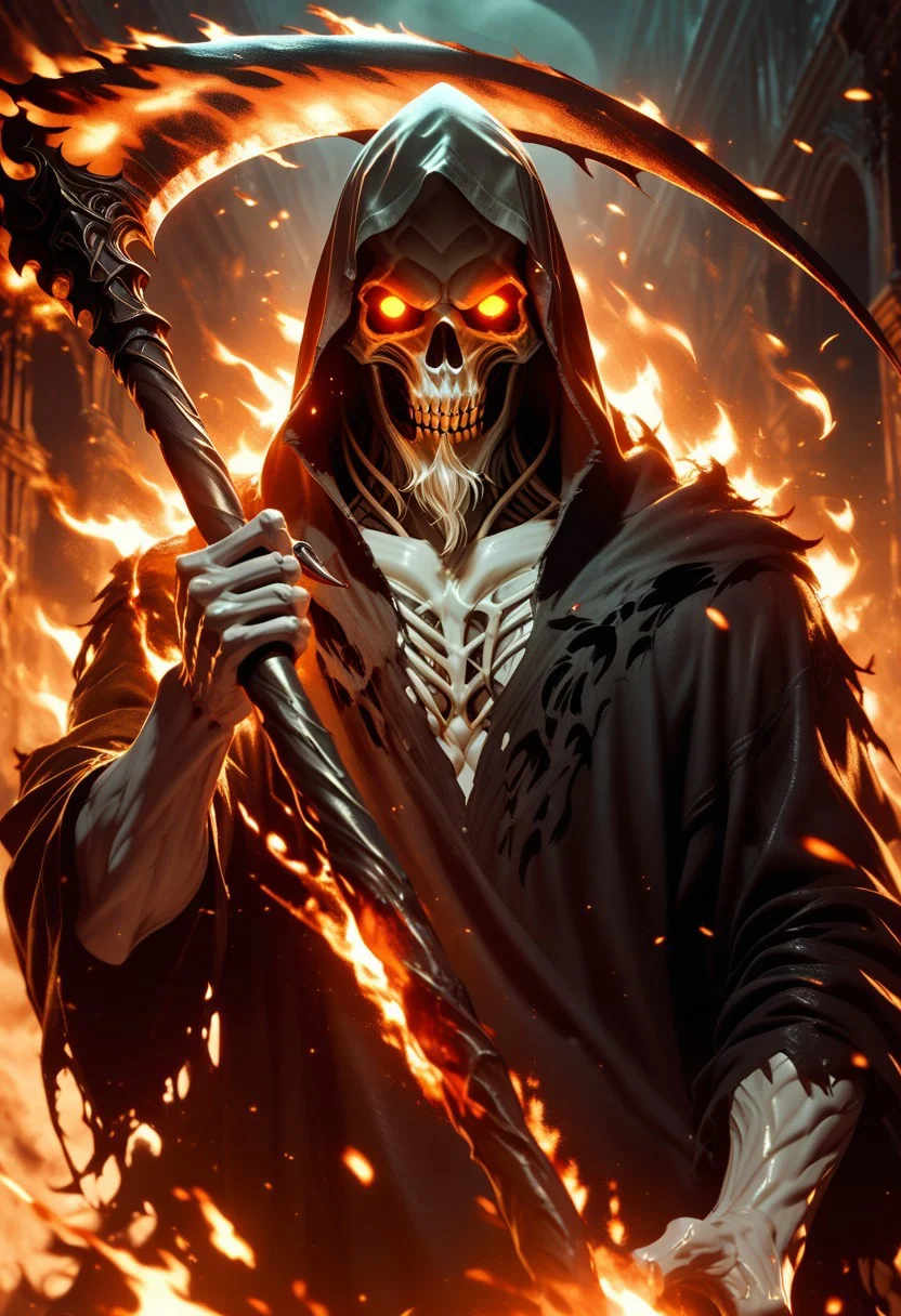score_9,score_8_up,score_7_up, grim reaper, large scythe, burning, hell, fire, glowing eyes, claws, faceless, dark fantasy, darkness,